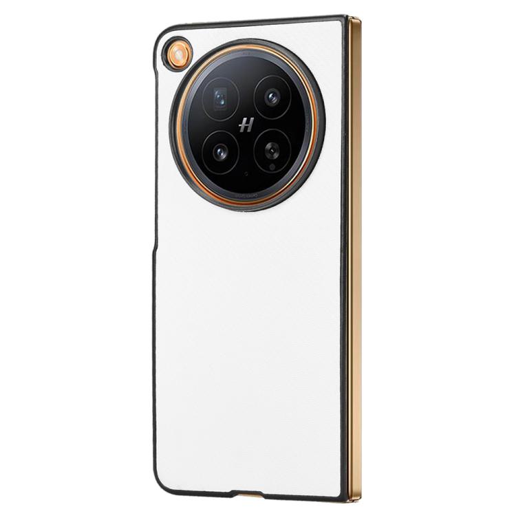 White PU leather phone case with circular camera cutout and gold-toned corner accents