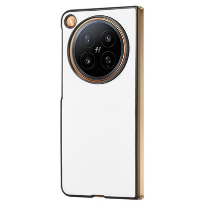 White PU leather phone case with circular camera cutout and gold-toned corner accents