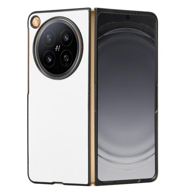 White PU leather phone case with circular camera cutout, shown folded open