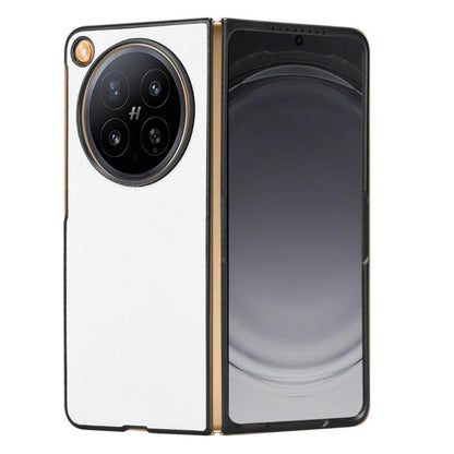 White PU leather phone case with circular camera cutout, shown folded open