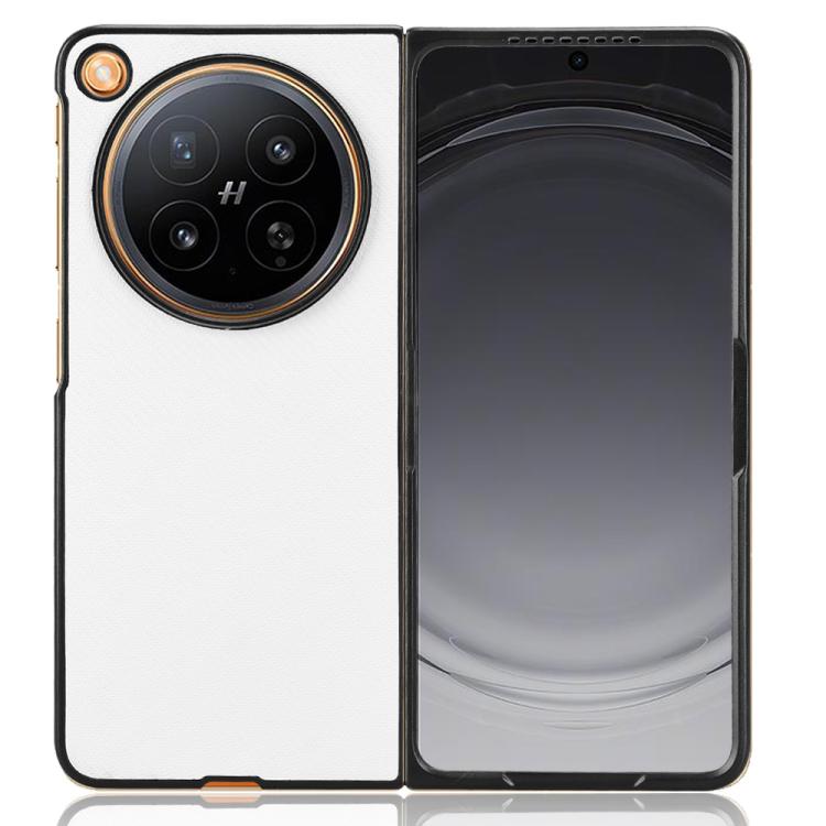 White PU leather phone case with circular camera cutout, fold-ready design