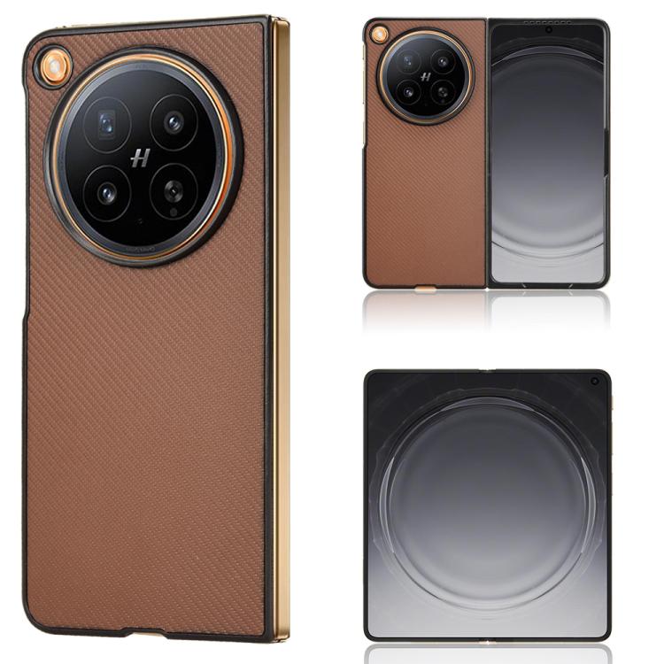 Brown PU leather phone case with textured finish and circular camera cutout