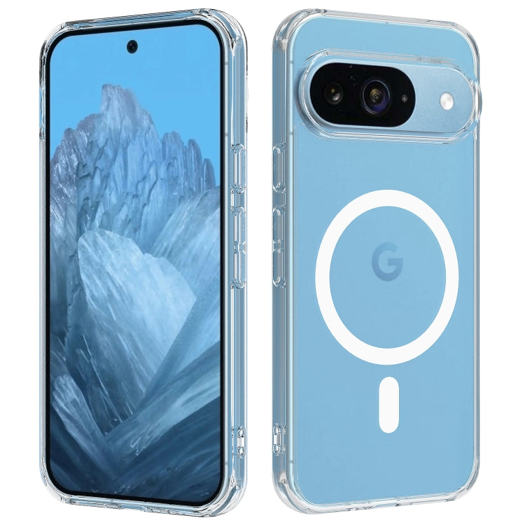MagSafe clear acrylic phone case with circular ring cutout on light blue back