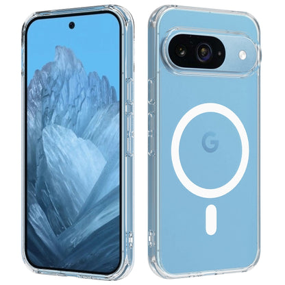 MagSafe clear acrylic phone case with circular ring cutout on light blue back