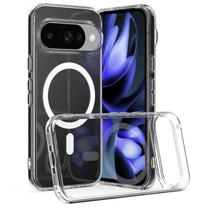 MagSafe clear acrylic phone case with circular ring cutout on dark back