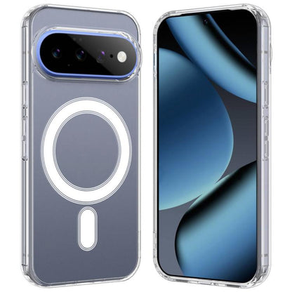 Clear MagSafe phone case shown on back and front, with magnetic ring cutout and ports