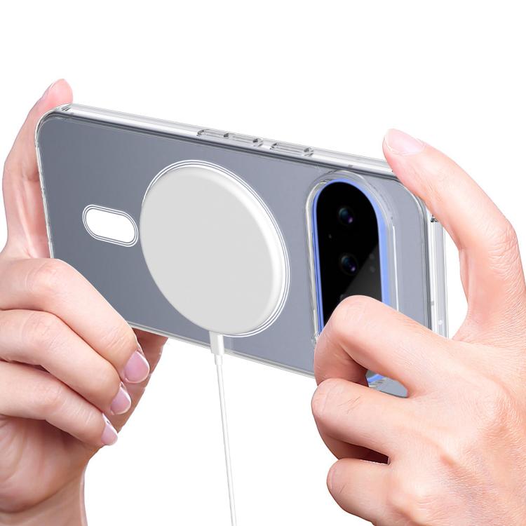Clear MagSafe phone case being installed, with circular magnetic ring visible