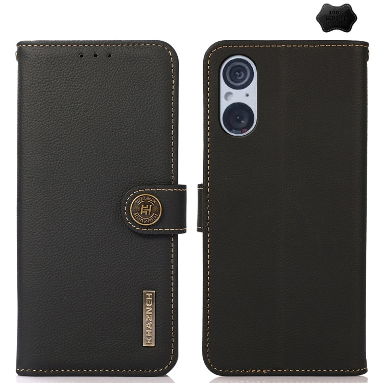 Black genuine leather phone case with flip cover, camera window, and stitched border