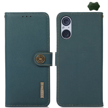 Genuine leather RFID phone case with folio flap and card pocket, green