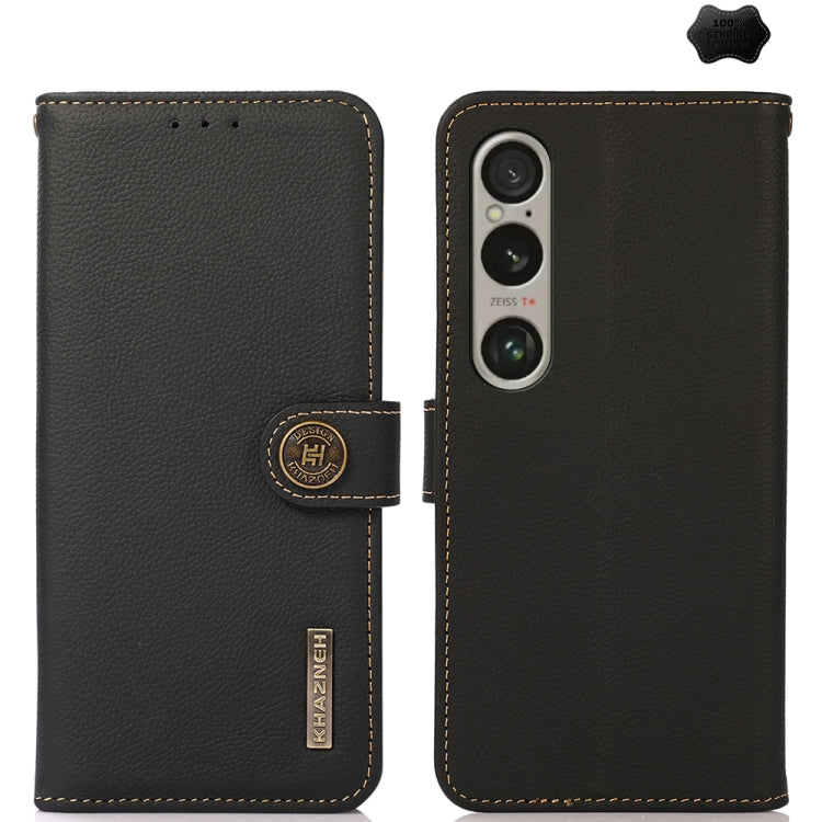 Black genuine leather phone case with flip cover and camera opening, embossed logo badge
