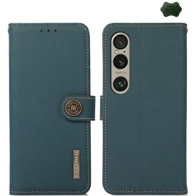 Green genuine leather phone case with flip cover, camera opening, and stitched trim