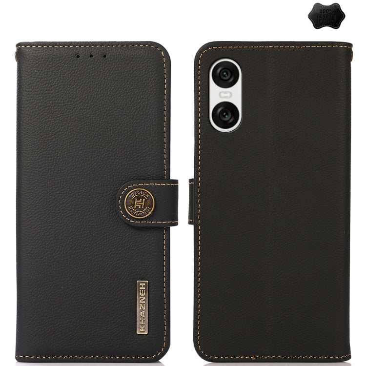 Black genuine leather phone case with flip cover, card slot detail, and camera window