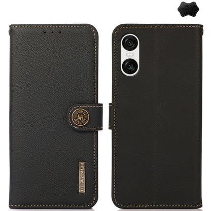 Black genuine leather phone case with flip cover, card slot detail, and camera window