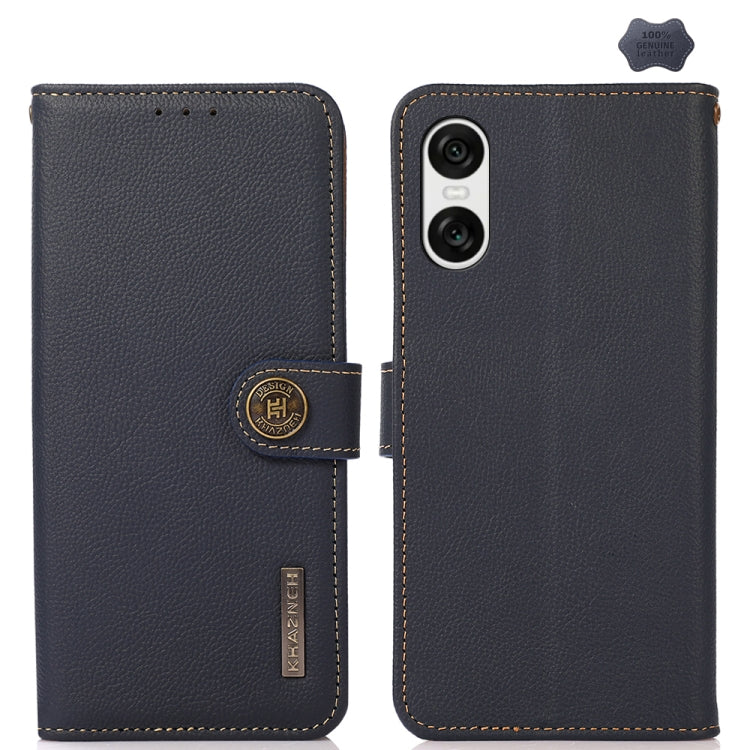 Blue genuine leather phone case with flip cover, camera cutout, and contrast stitching