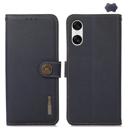 Blue genuine leather phone case with flip cover, camera cutout, and contrast stitching