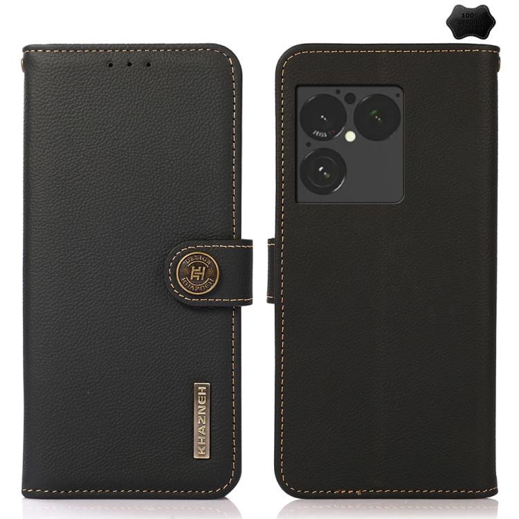 Black genuine leather phone case with flip cover, camera cutout, and stitched edges