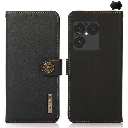 Black genuine leather phone case with flip cover, camera cutout, and stitched edges