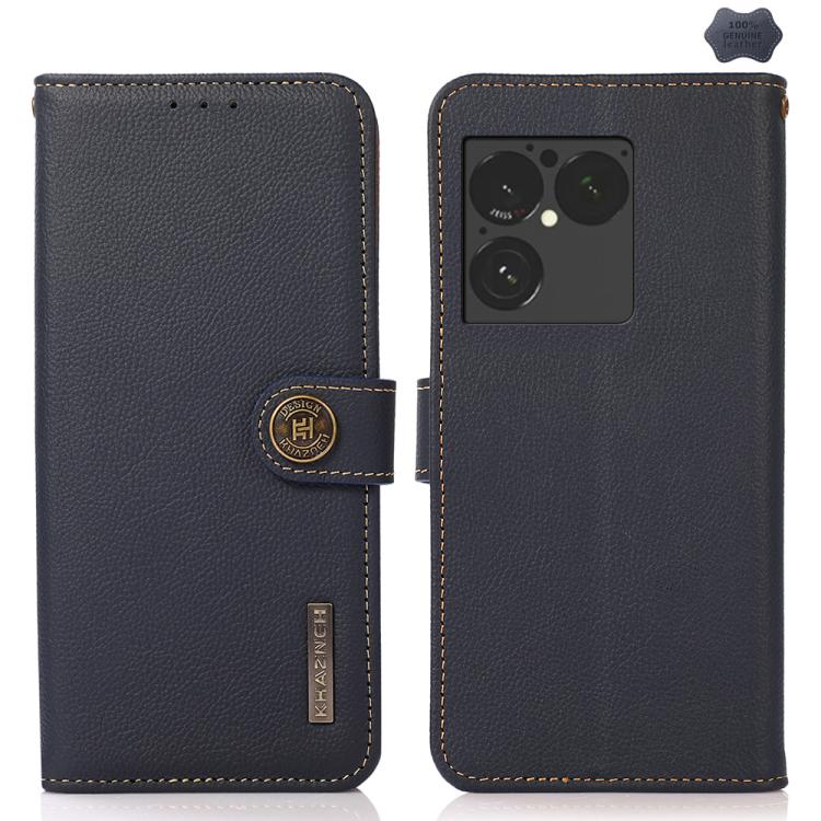 Dark blue genuine leather phone case with flip cover and camera cutout, stitched trim