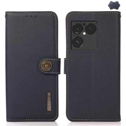Dark blue genuine leather phone case with flip cover and camera cutout, stitched trim