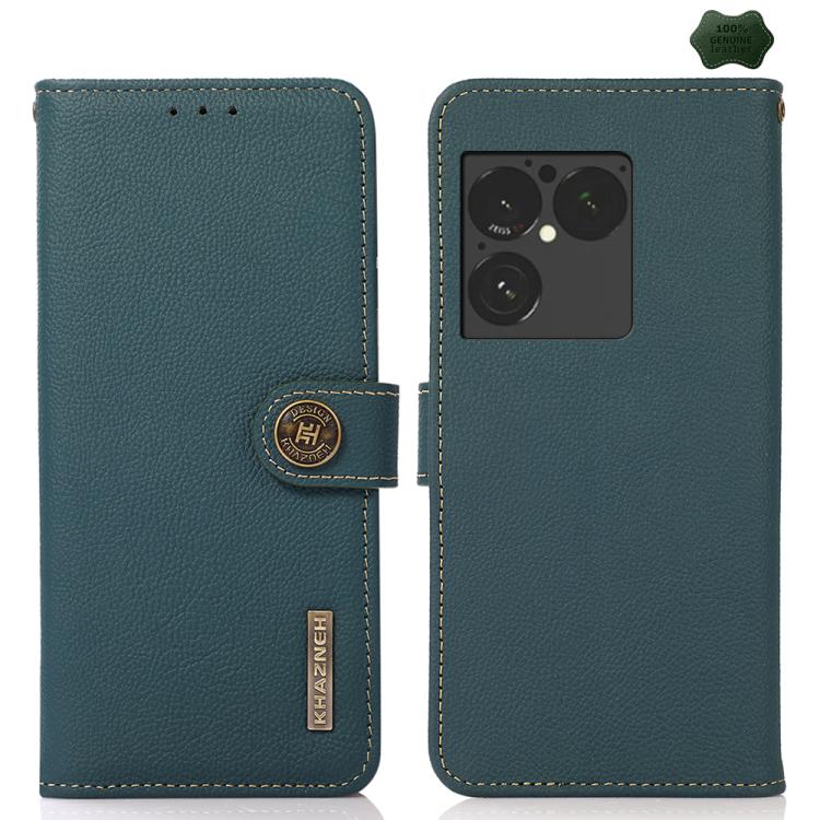 Green genuine leather phone case with flip cover, visible camera opening, stitched border