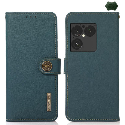 Green genuine leather phone case with flip cover, visible camera opening, stitched border