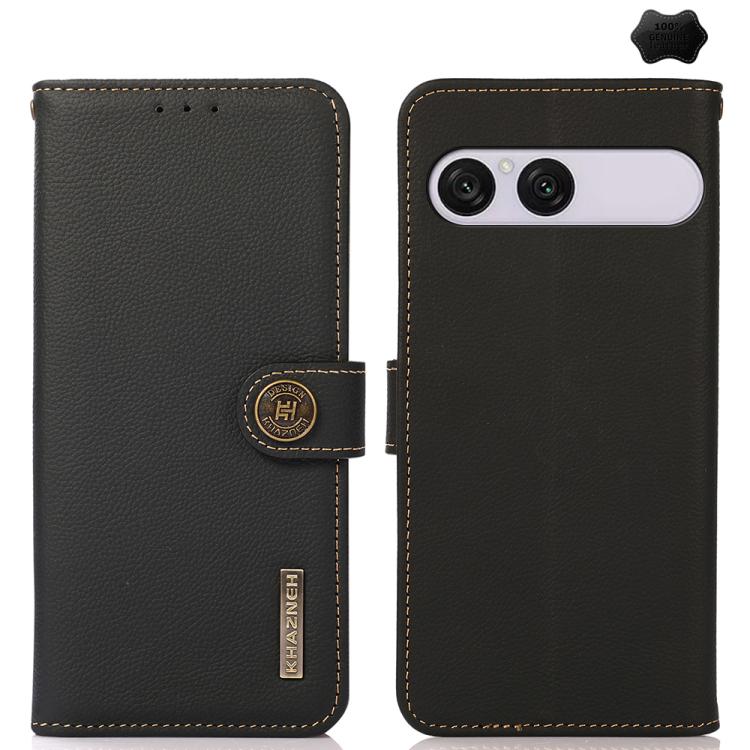 Black genuine leather RFID phone case with folio flap and card slots, for Sony Xperia.