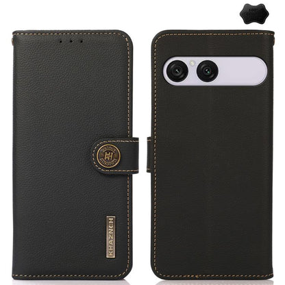 Black genuine leather RFID phone case with folio flap and card slots, for Sony Xperia.
