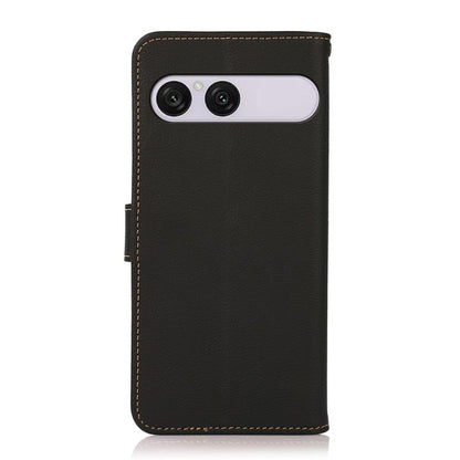 Black genuine leather RFID phone case with cutout for dual camera and soft lining.