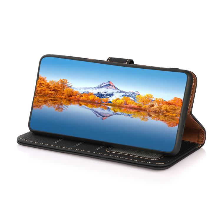 Black leather RFID phone case with stand-up folio view, shown holding a phone.