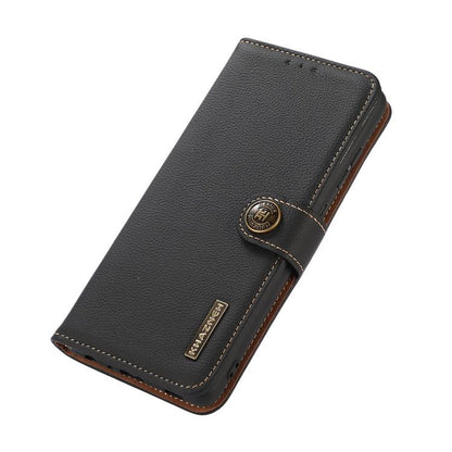 Black genuine leather RFID phone case with round brand emblem and stitched trim.