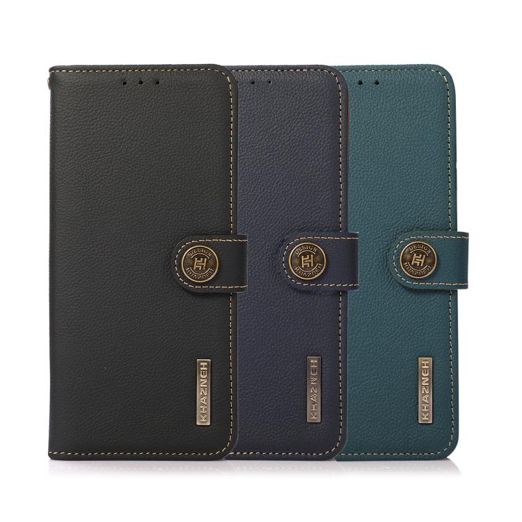 Set of leather RFID phone cases in black, navy, and green with folio flap straps.