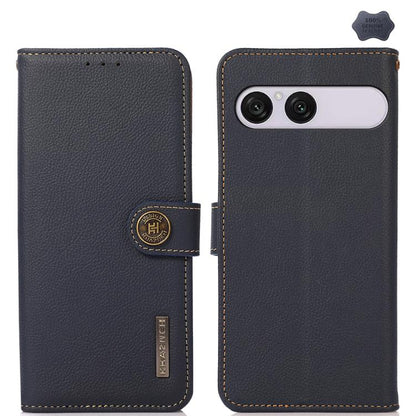 Navy genuine leather RFID phone case with folio flap, camera cutout, and card slots.