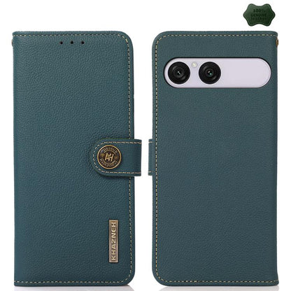 Green genuine leather RFID phone case with folio flap, camera cutout, and stitched edges.