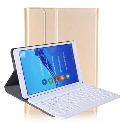 Gold tablet case with detachable Bluetooth keyboard and adjustable stand, shown open
