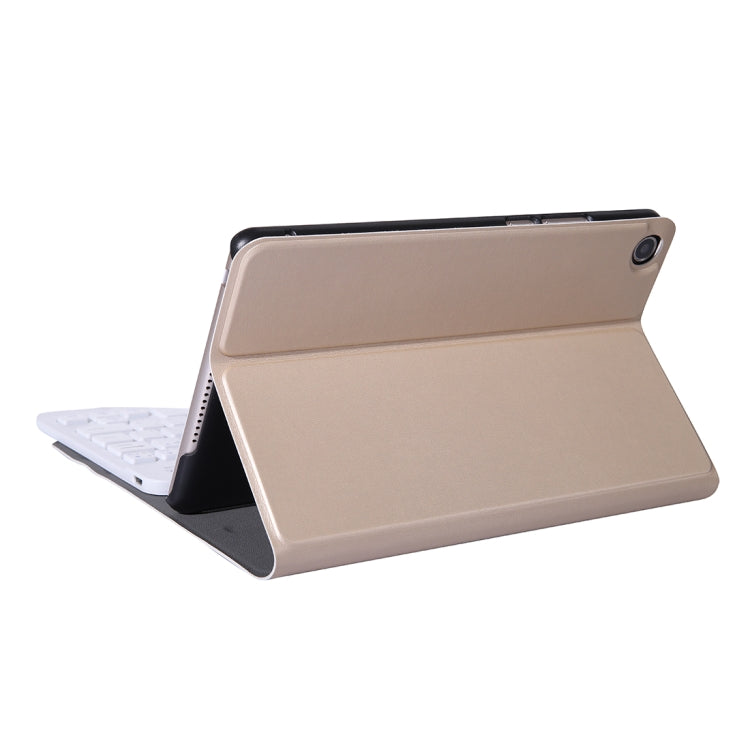 Gold tablet folio case open with stand supporting tablet at an angle