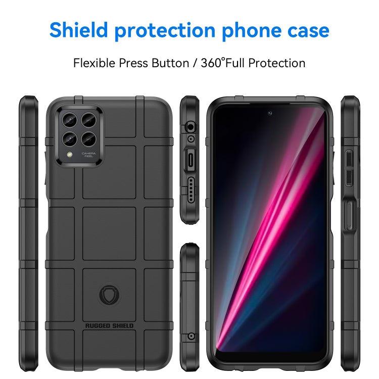 Black rugged full-protection TPU phone case with side buttons and camera cutouts.