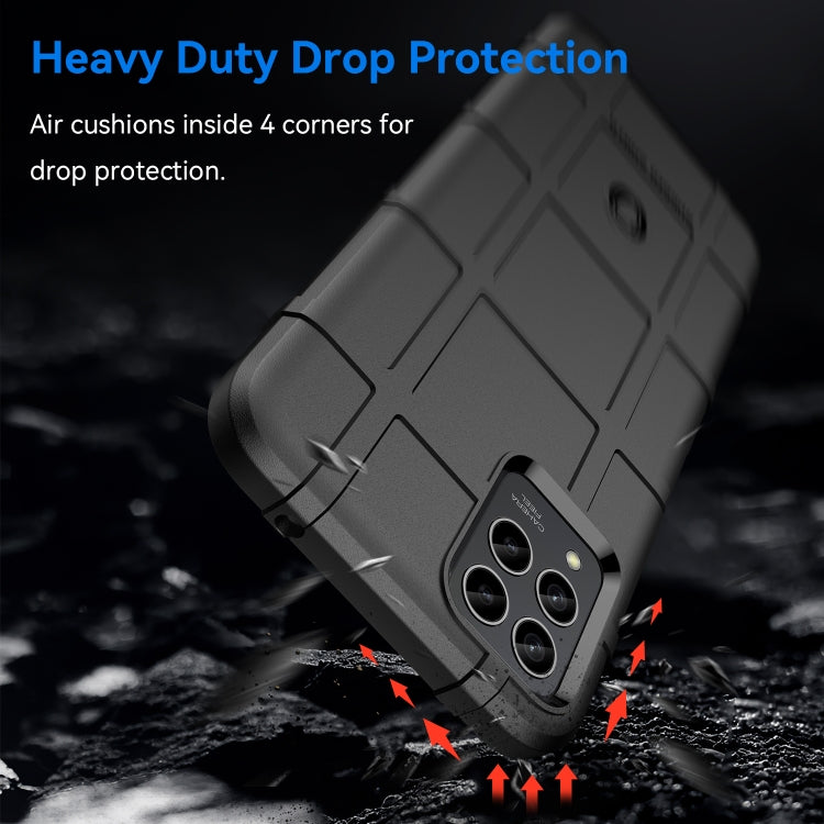 Black rugged phone case with shockproof corners and textured back for grip.