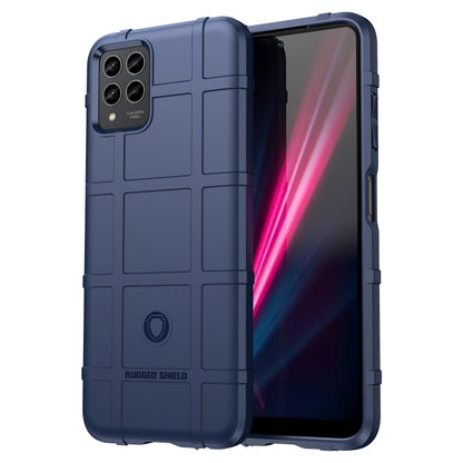Blue rugged shockproof TPU phone case with raised edges and camera cutouts.