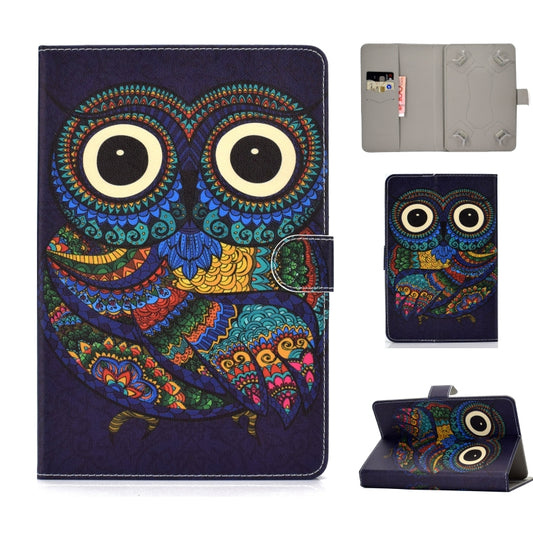 Owl PU leather folio case with horizontal flip and card slots, dark purple with colorful pattern