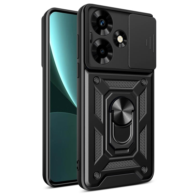 Sliding camera phone case with ring holder, black rugged armor design with textured grip