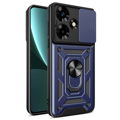Sliding camera phone case with ring holder, navy blue and black rugged armor design