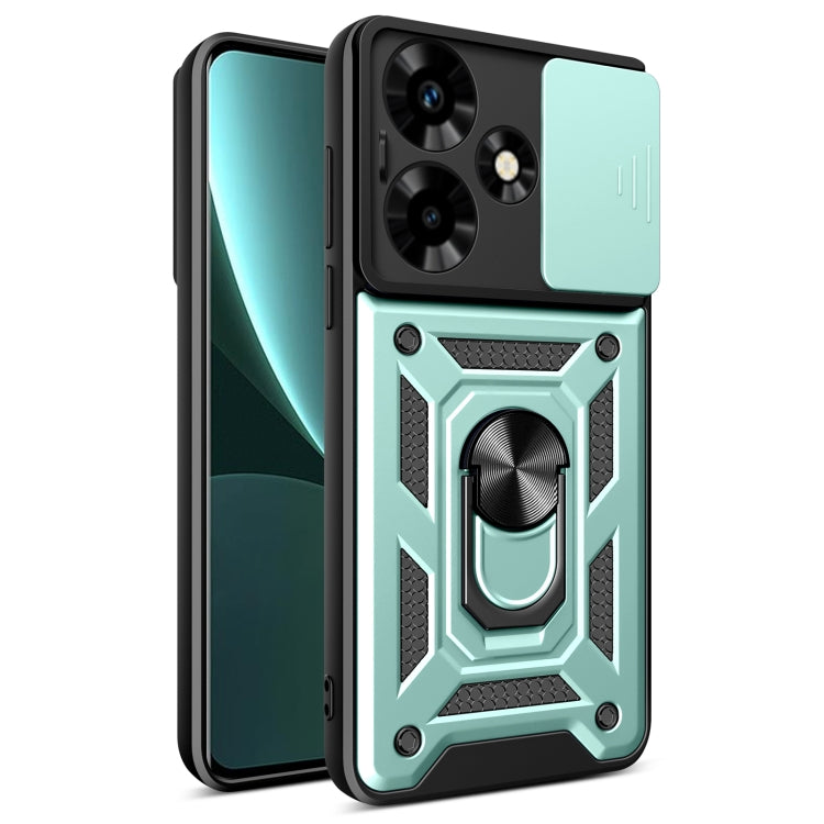Sliding camera phone case with ring holder, mint green and black rugged armor design