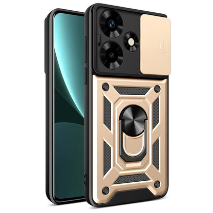 Sliding camera phone case with ring holder, gold and black rugged armor design