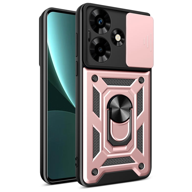 Sliding camera phone case with ring holder, light pink and black rugged armor design