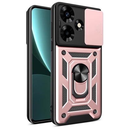 Sliding camera phone case with ring holder, light pink and black rugged armor design