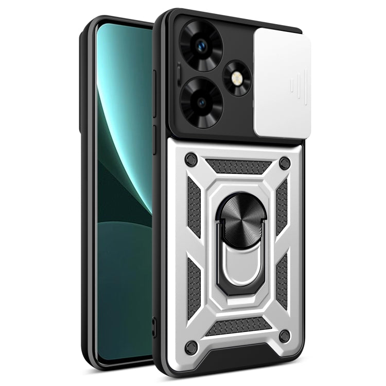 Rugged TPU+PC phone case with sliding camera cover, black and silver armor design