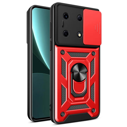Sliding camera phone case with ring holder, red and black rugged armor design