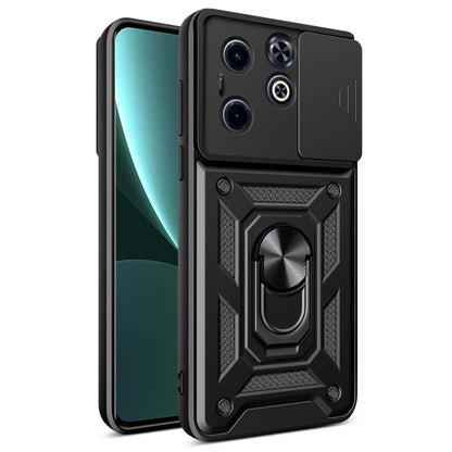 Sliding camera cover phone case, black rugged armor design with ring holder