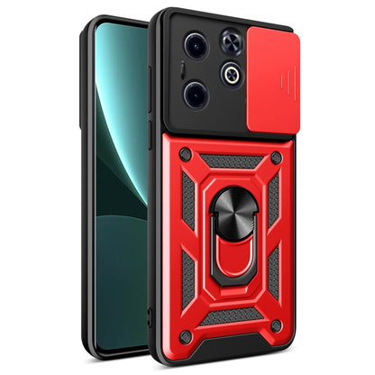 Red and black rugged phone case with sliding camera cover and ring grip