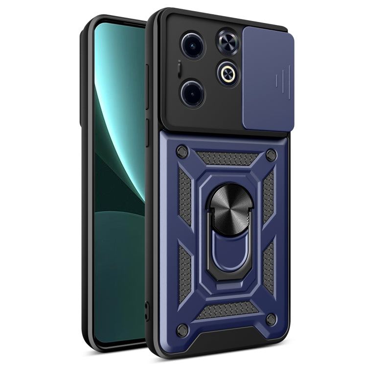Blue and black rugged phone case with sliding camera cover and ring grip